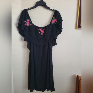 Off-Shoulder Navy Dress with Embroidered Floral Ruffle